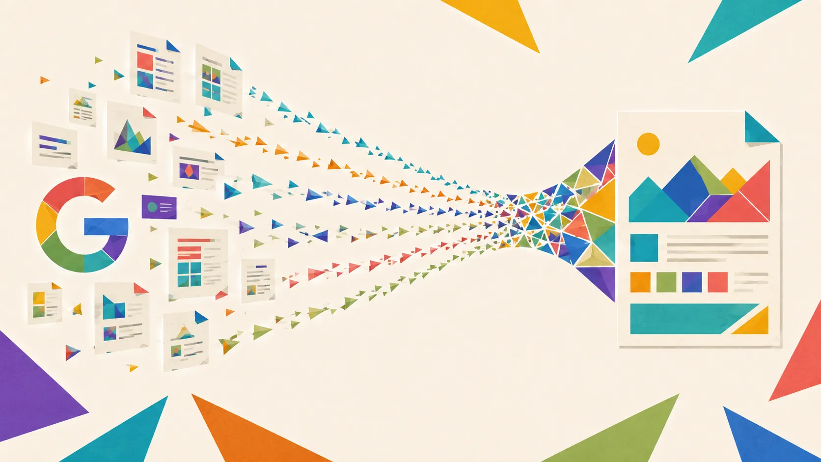 Geometric illustration contrasting traditional search pathways with an AI-powered answer and knowledge network.