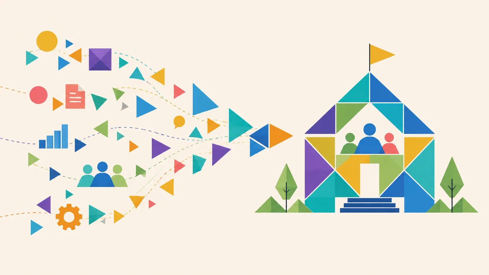 Geometric illustration showing everyday AI tools becoming integrated into a nonprofit organization through intentional governance.