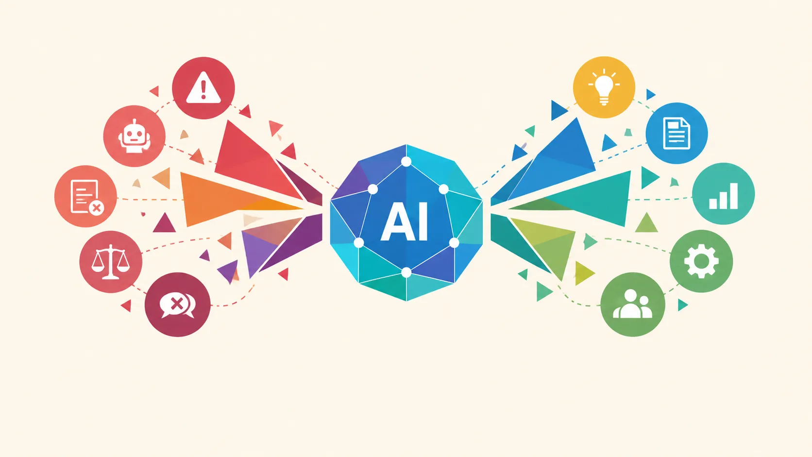 Geometric illustration showing AI at the center between potential risks and practical benefits for mission-driven organizations.