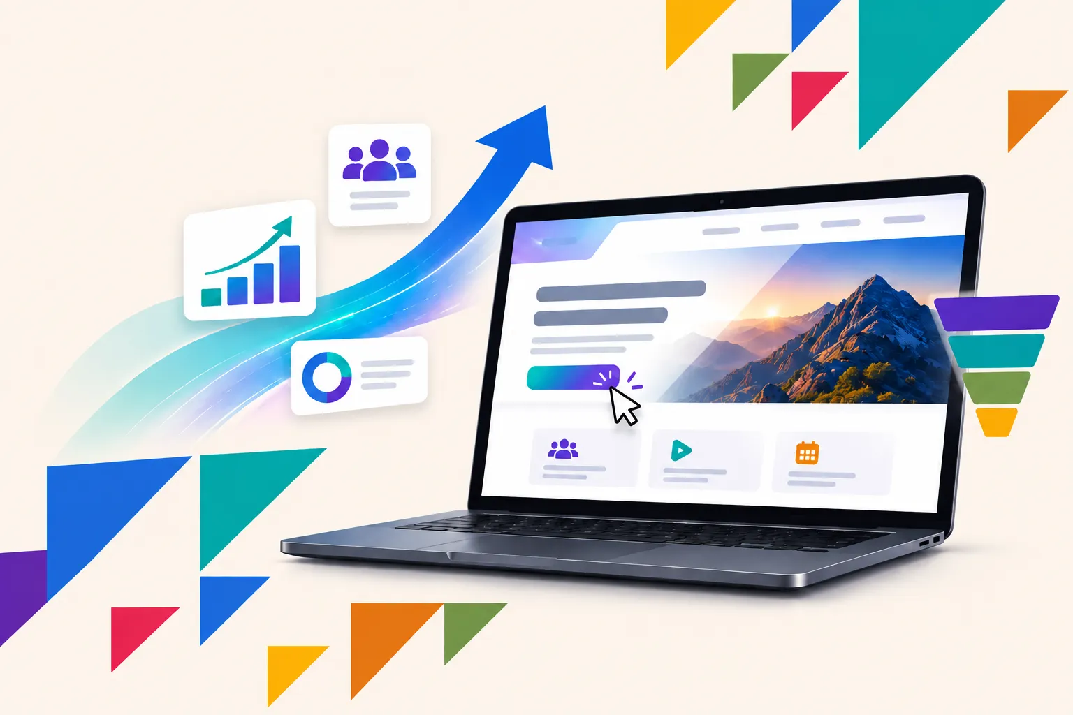Geometric laptop landing page connected to traffic, data, and growth pathways on a cream background.