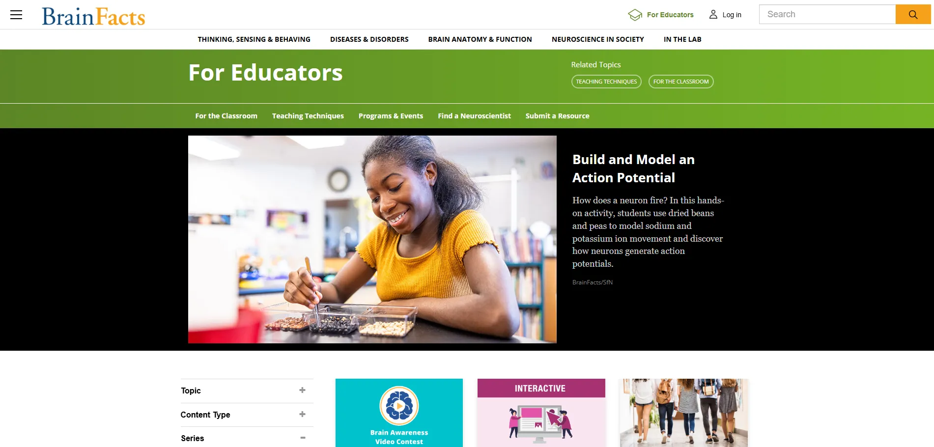 BrainFacts For Educators section page shown on desktop