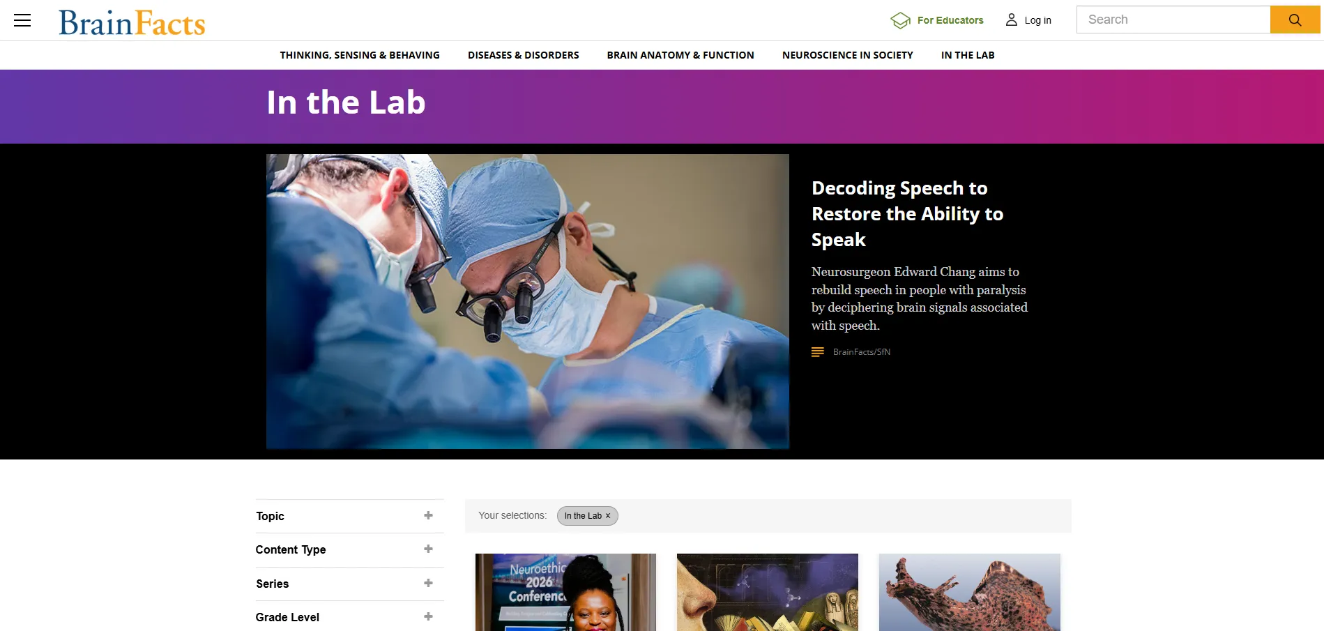 BrainFacts In the Lab section page shown on desktop