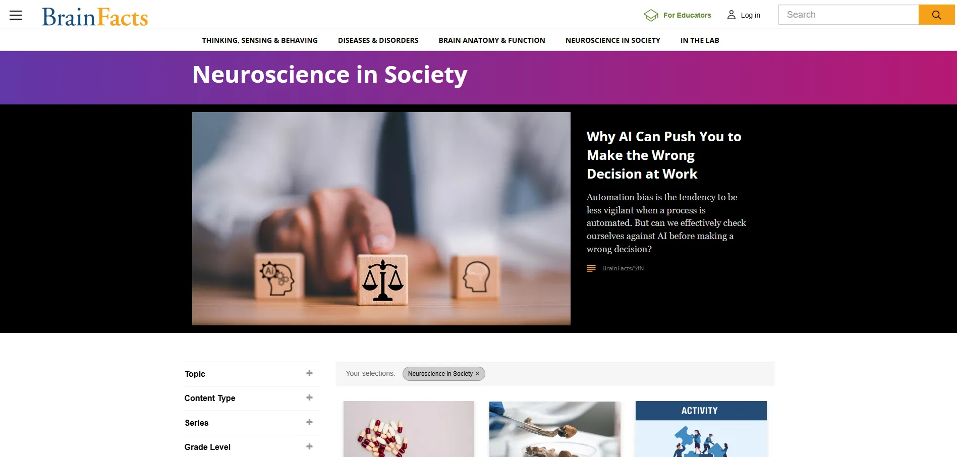BrainFacts Neuroscience in Society section page shown on desktop