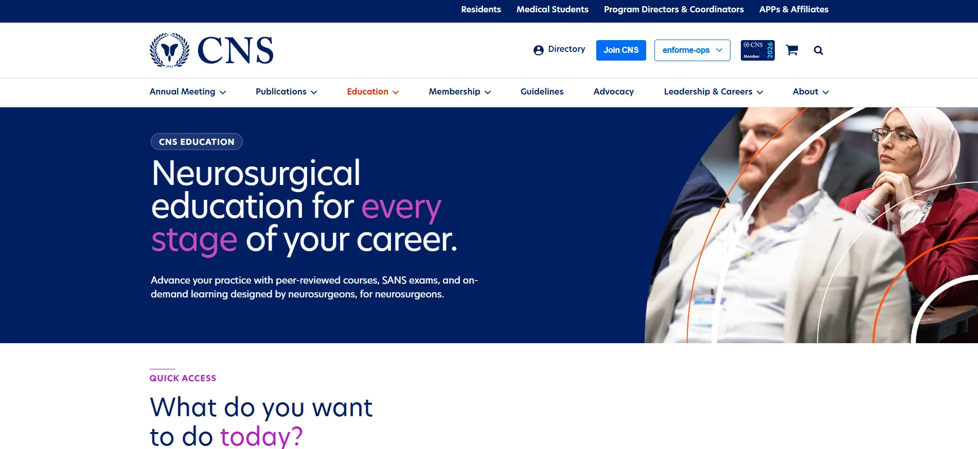 CNS neurosurgical education landing page with learning resources and quick access navigation