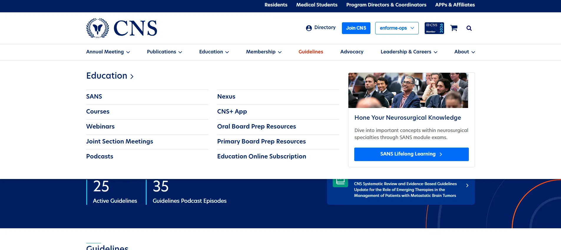 CNS education mega menu with links to SANS, courses, webinars, podcasts, Nexus, and board preparation resources