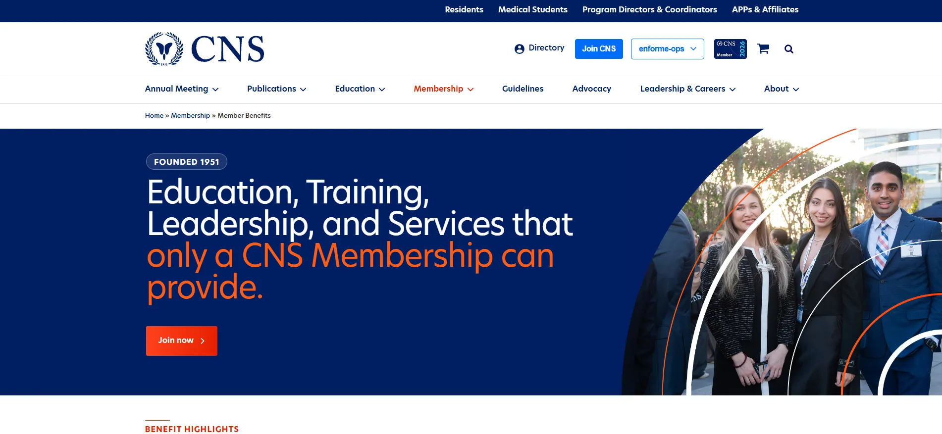Congress of Neurological Surgeons membership benefits page featuring education, training, leadership, and member services.