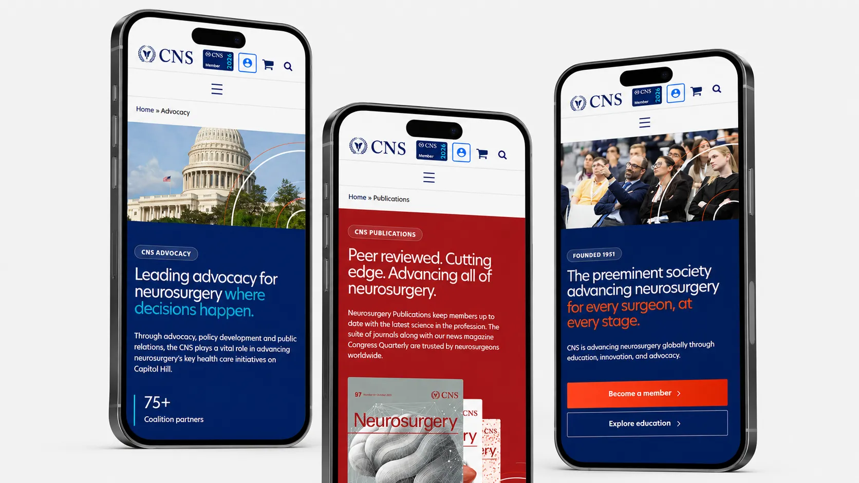 Three mobile views of the Congress of Neurological Surgeons website highlighting membership, publications, and advocacy pages.