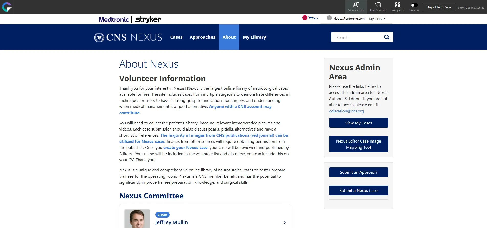CNS Nexus about page with volunteer information and committee details