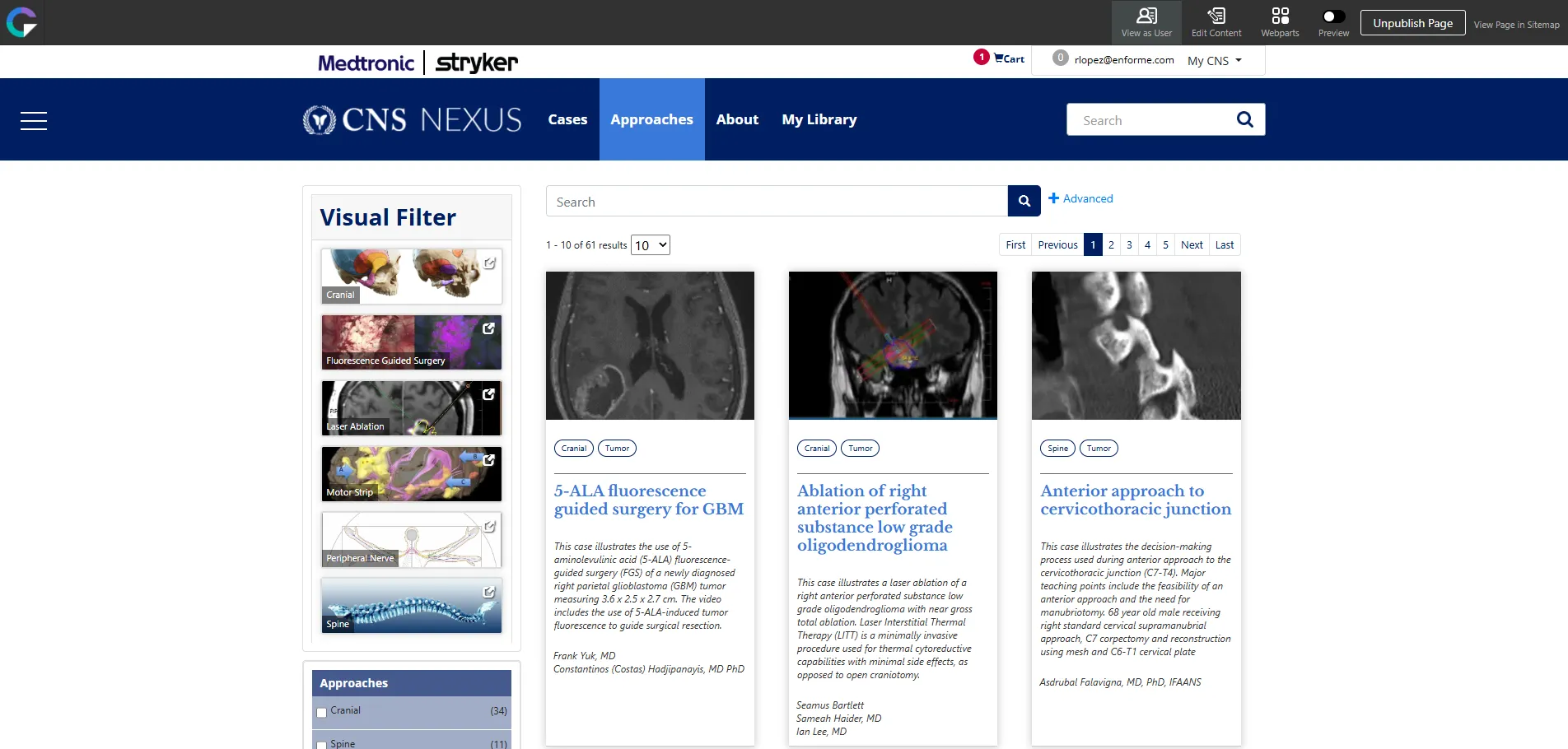 CNS Nexus approaches library with filters and neurosurgical case results