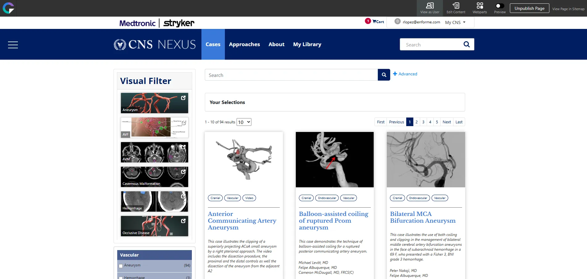 CNS Nexus vascular cases library with visual filters and case results