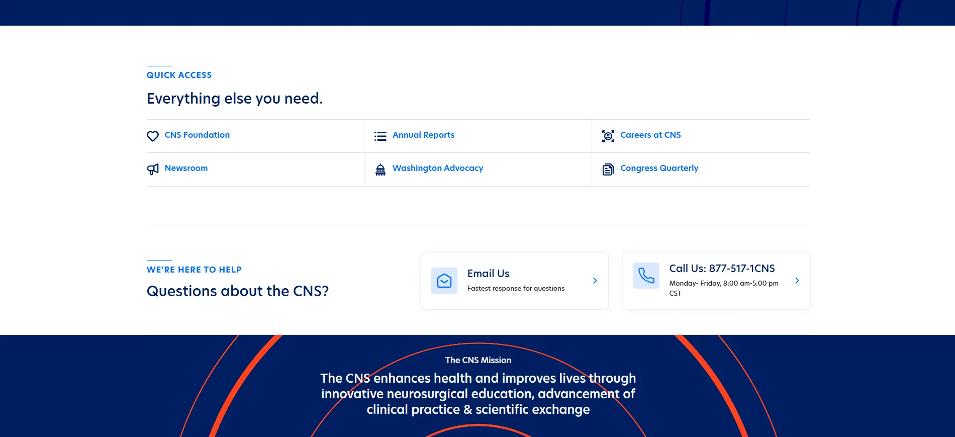 CNS quick access and support section with resource links, contact options, and mission statement