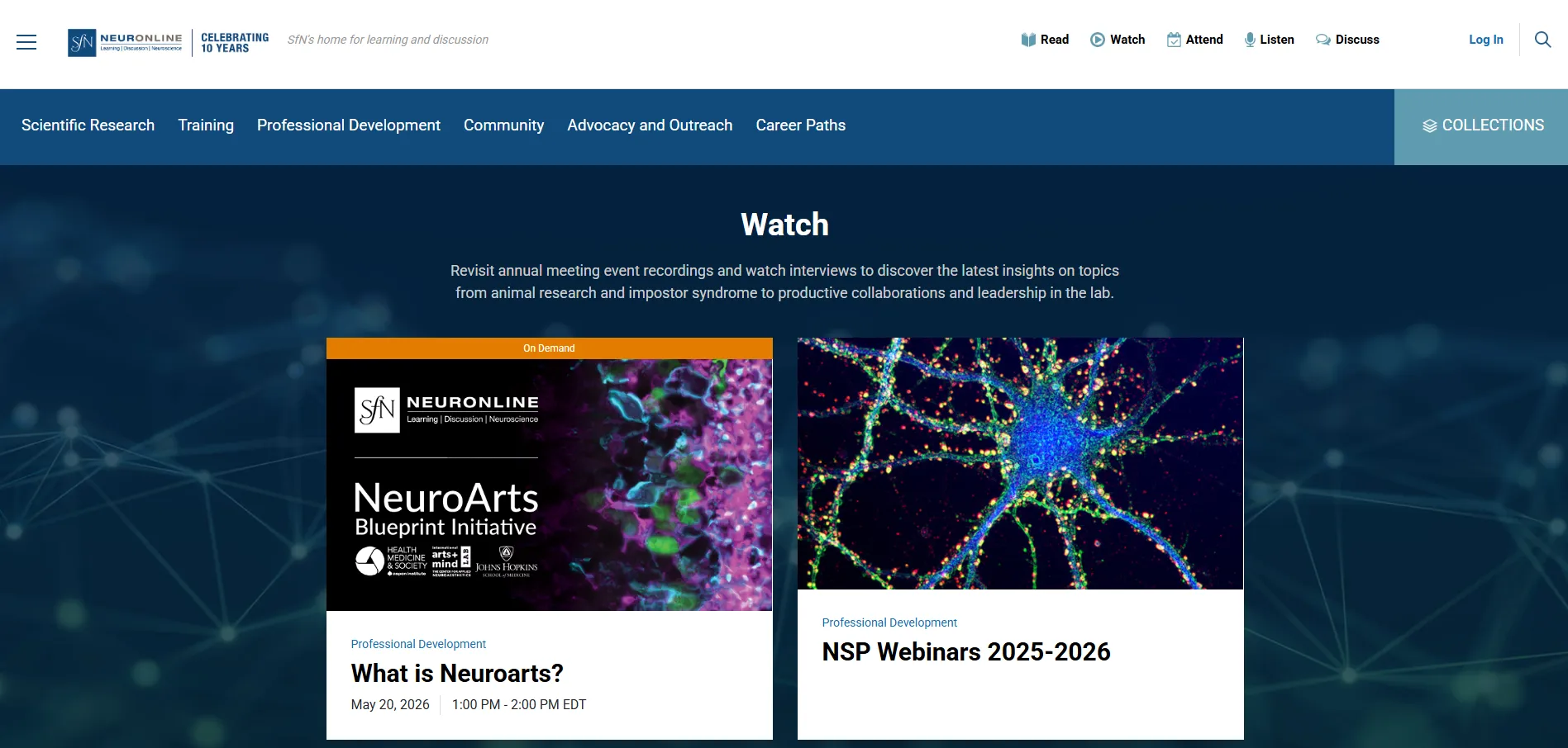 Neuronline Watch page shown on desktop