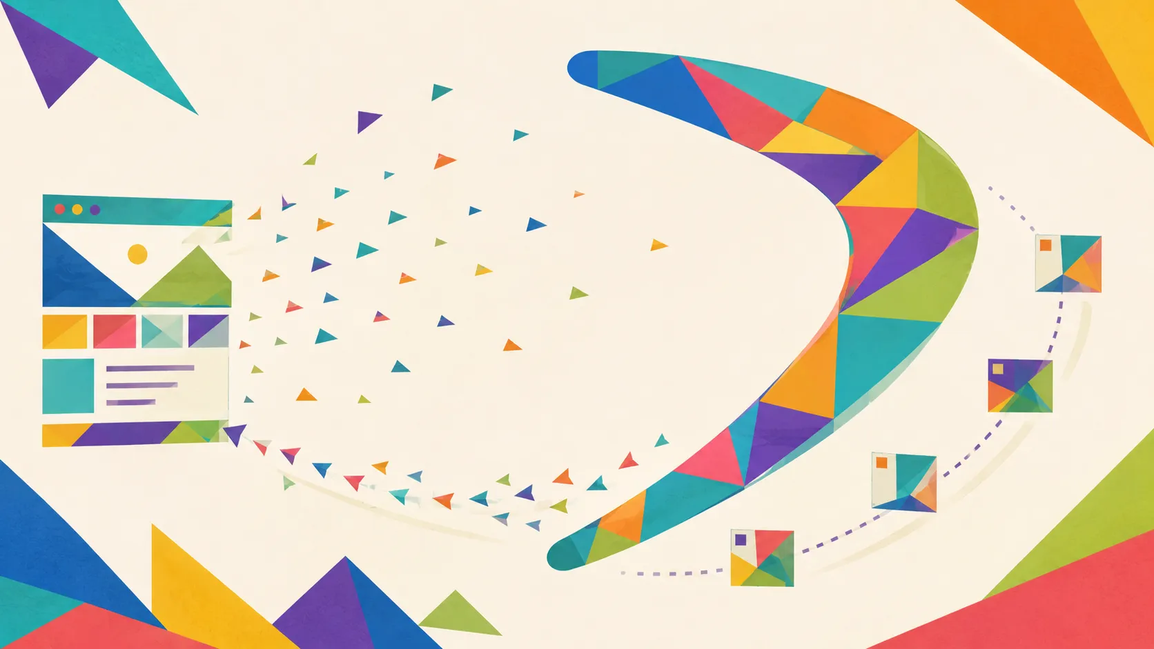 Geometric browser and looping audience pathway illustrating visitors leaving and returning through retargeting.
