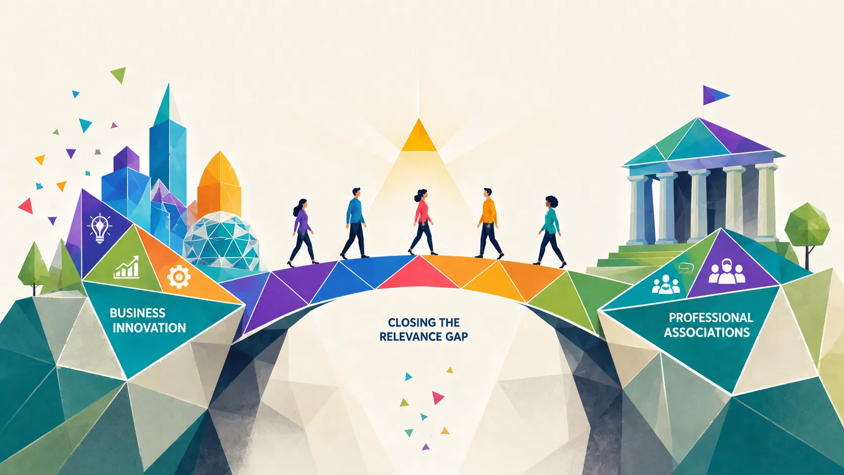 Geometric association ecosystem showing data, member needs, and innovation converging into renewed organizational relevance.