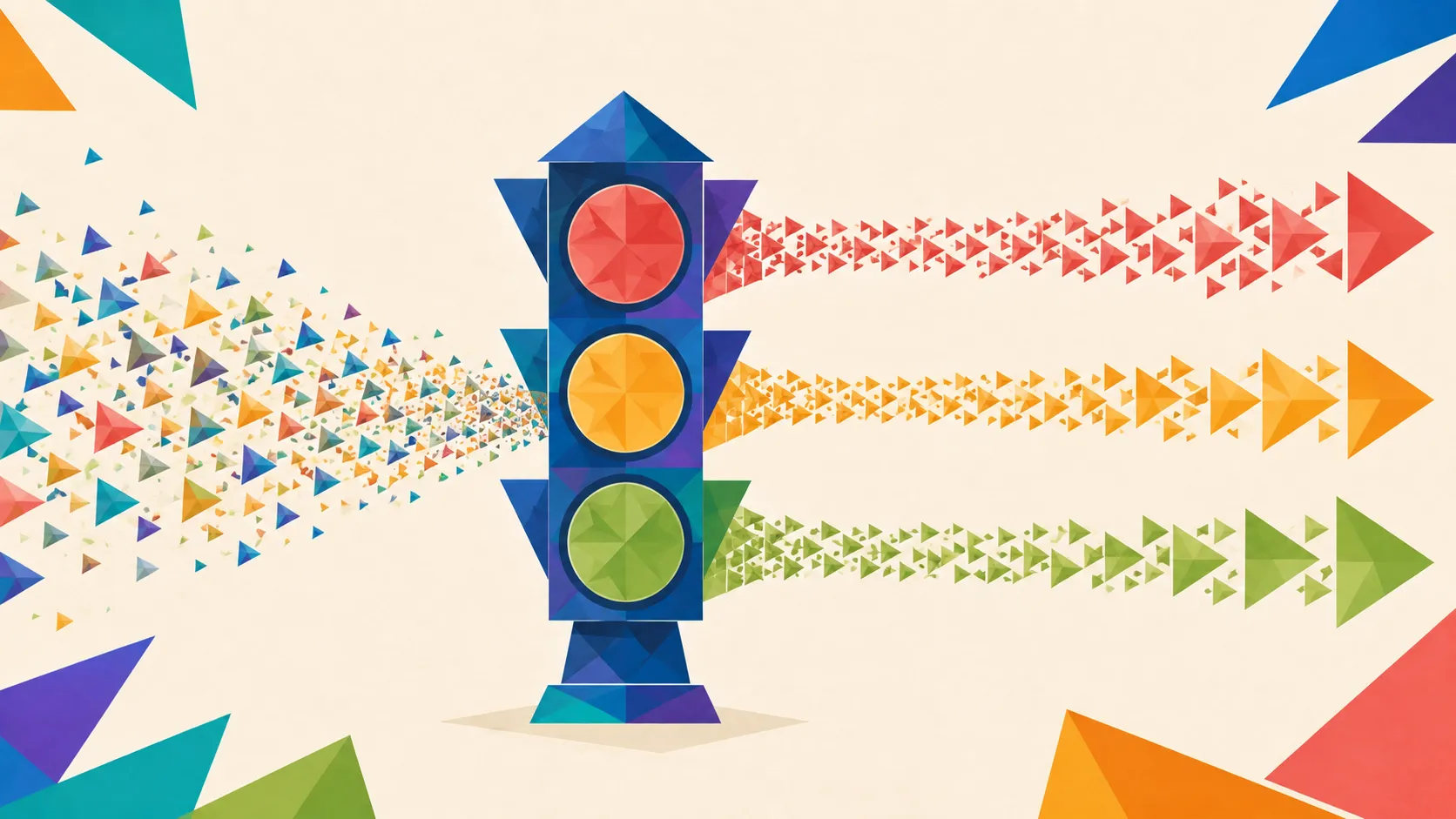 Geometric governance framework with connected structured layers, checkpoints, and balanced data pathways.