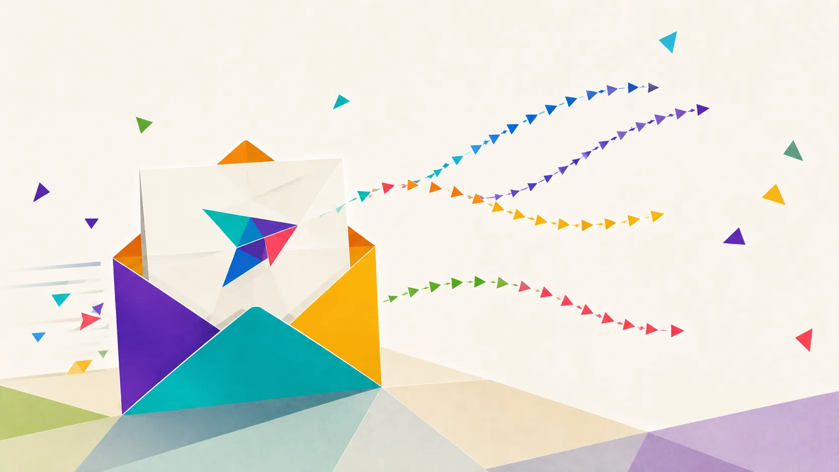 Geometric email sequence flowing through audience segments, engagement signals, and conversion outcomes.