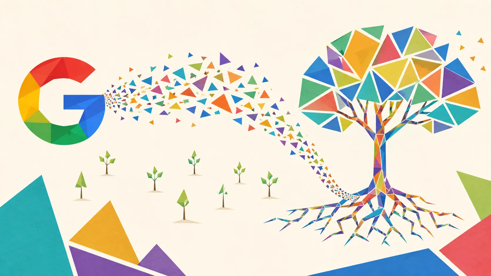 Geometric Google-inspired advertising illustration showing search visibility and grant-funded growth on a cream background.
