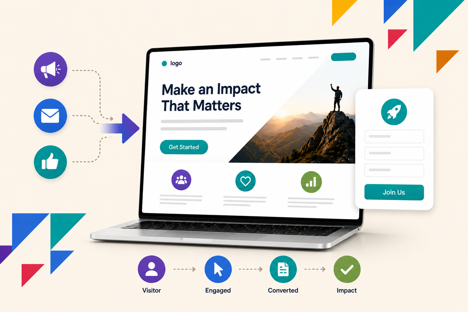 Cream-background geometric laptop illustration showing campaign traffic moving into a focused landing page and conversion journey.