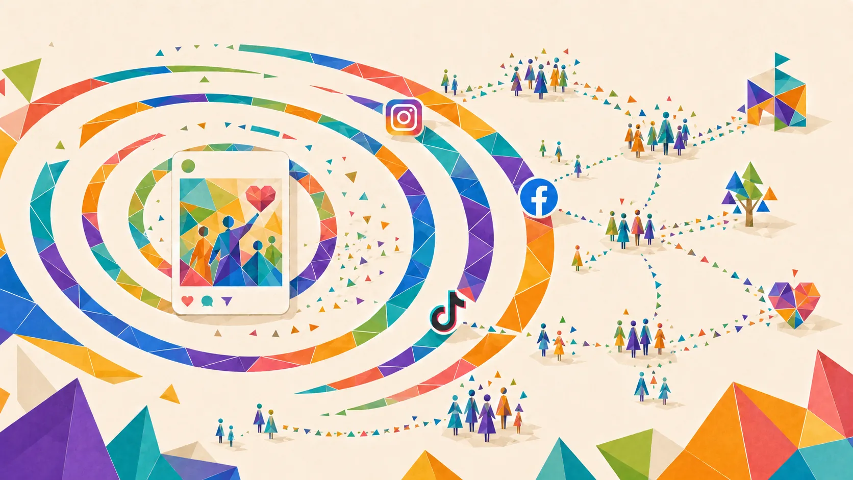 Geometric social content cards flowing through an audience pathway toward a clear action and measurable outcome.