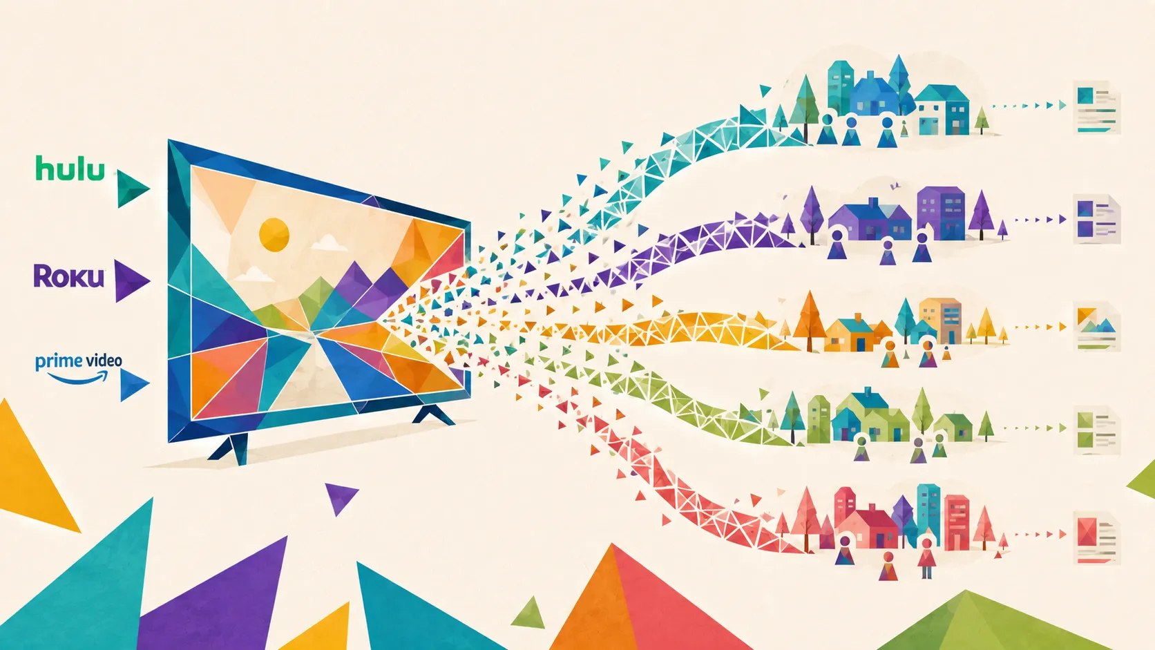 Geometric television screen with abstract video storytelling and audience data shapes in Celerate brand colors.