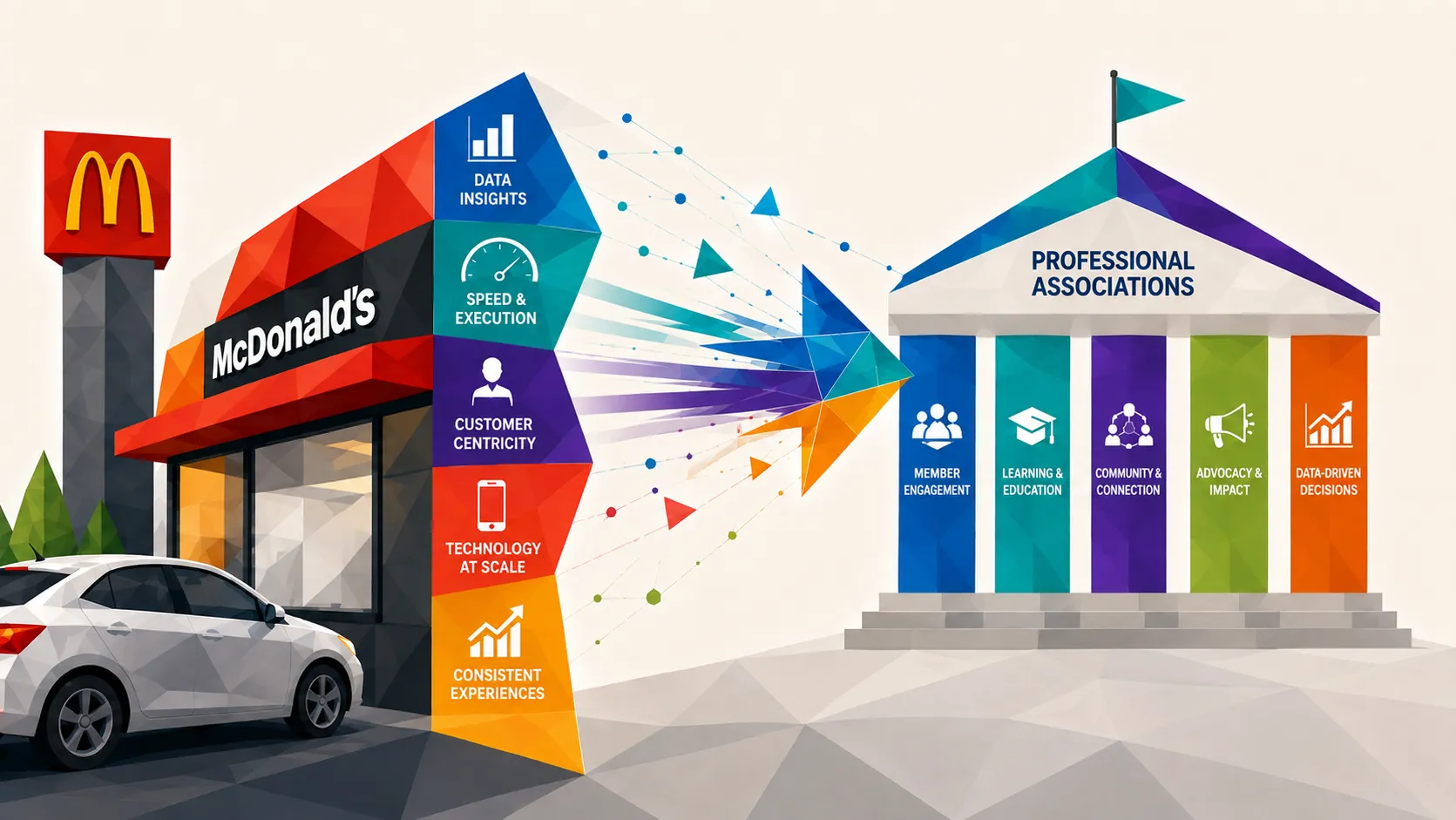 Geometric data streams and fast-moving pathways converging into a personalized member experience.