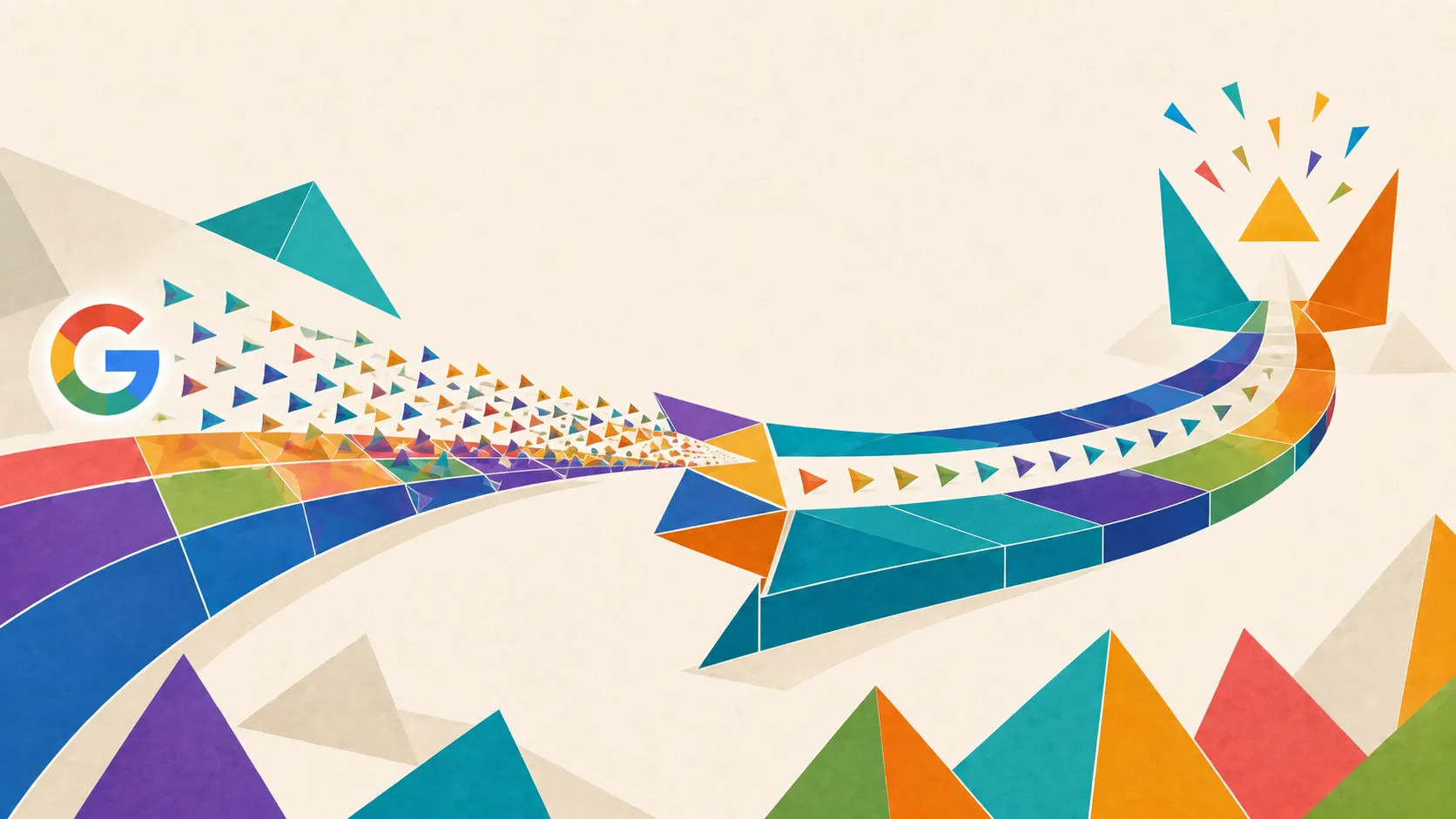 Geometric laptop and campaign pathway showing paid attention moving into a conversion-ready digital experience.